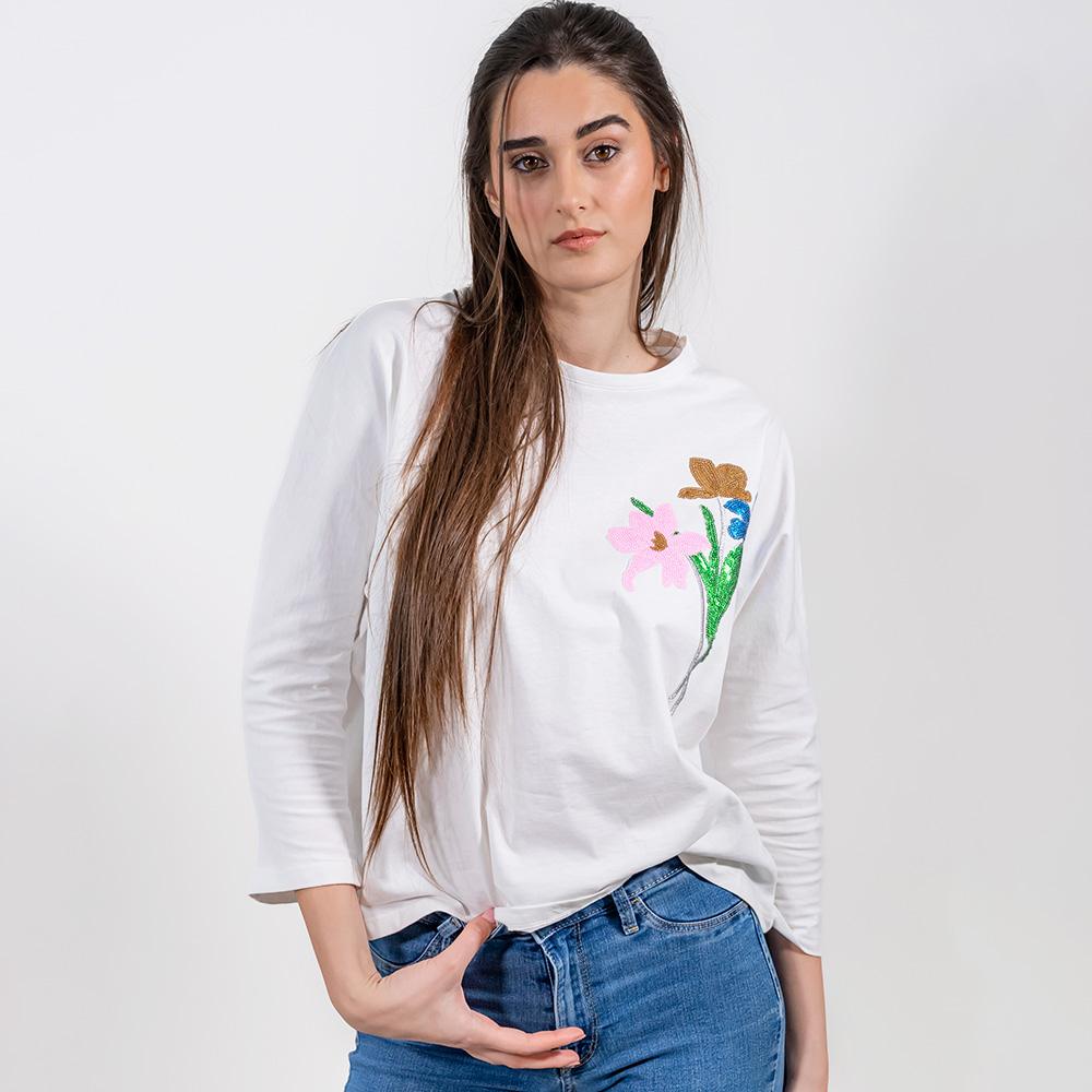 Maglia in cotone con fiori multicolor e perline