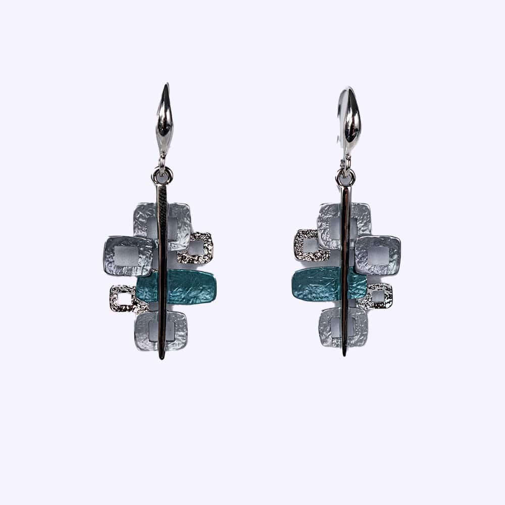 Orecchini pendenti dipinto a mano con quadrati e rettangoli Colore azzurro, argentato e grigio