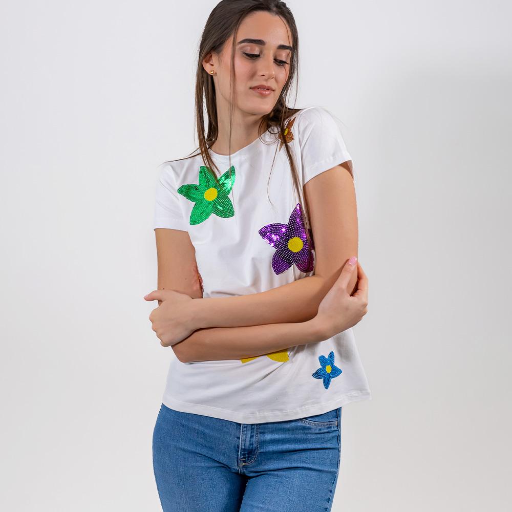 T-Shirt Bianca con fiori e paillettes