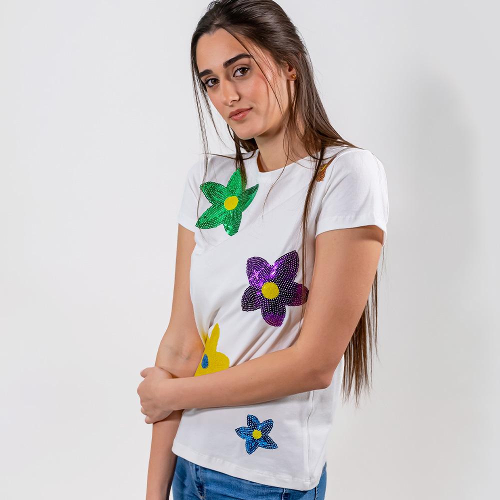 T-Shirt Bianca con fiori e paillettes - immagine 2