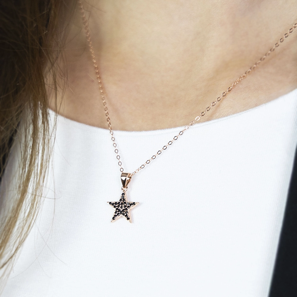 Collana KLK in argento 925 placcata in oro rosa con stella e zirconi neri